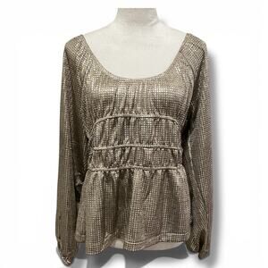CACHÉ Metallic Silver Polka Dot Top SIZE MEDIUM Long Sleeve Elastic Waist Cuffs